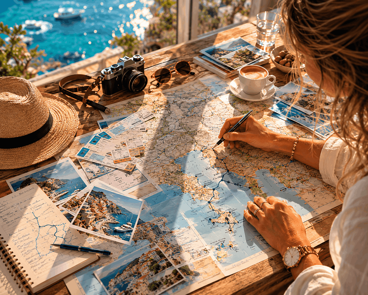 coastal train and ferry planning scene with Mediterranean map and azure water