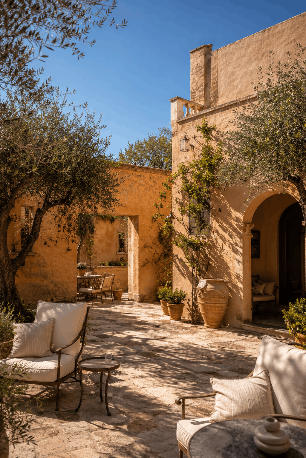 sunlit boutique hotel courtyard with olive trees, terracotta walls and azure sky