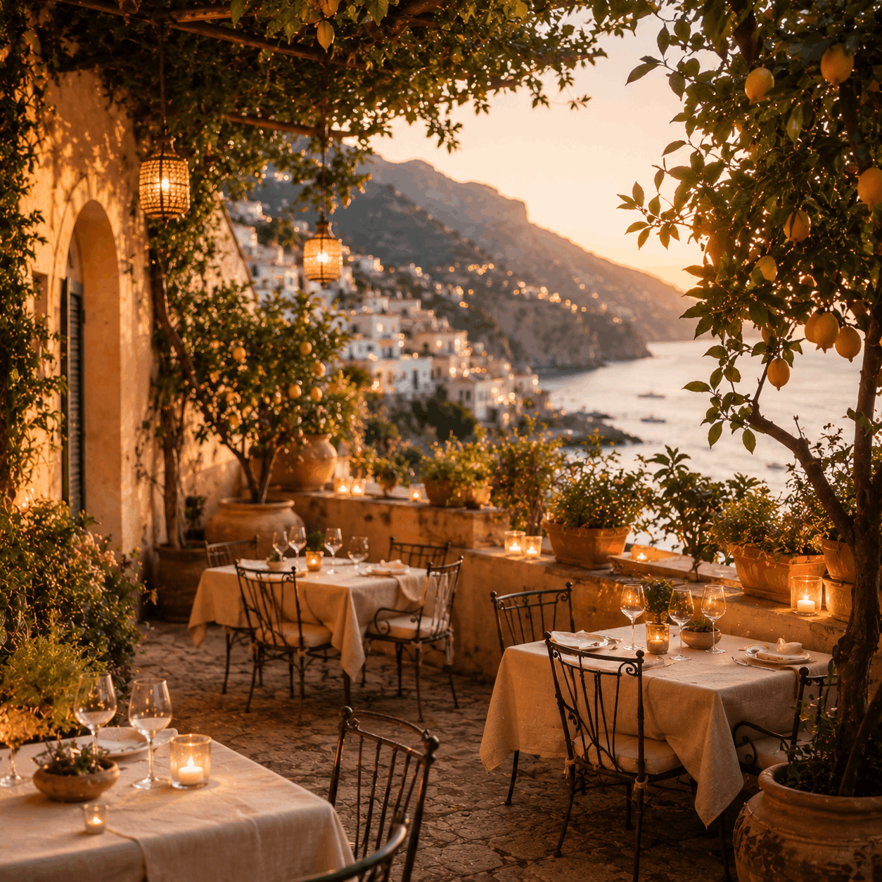 boutique hotel terrace with linen tables, lemon trees and warm Mediterranean evening