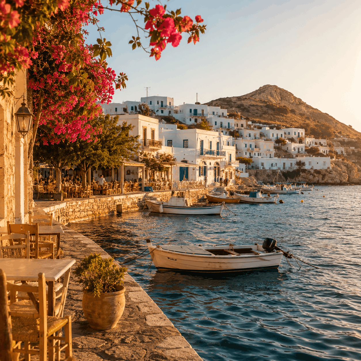 Greek island harbour with white houses, blue water and warm evening light