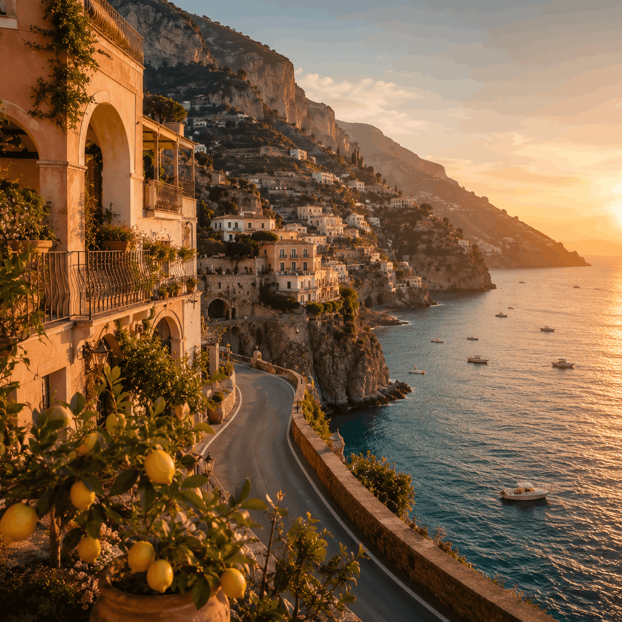 Amalfi-style coastal road with terracotta cliffs, sea and soft summer light