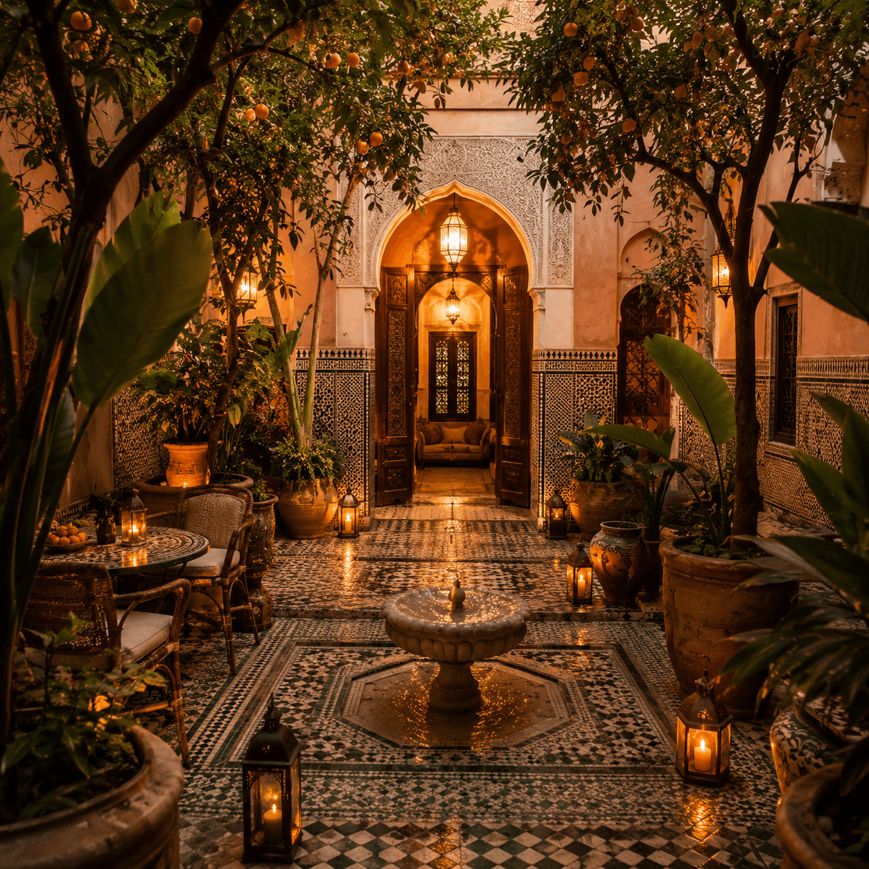 Marrakech riad courtyard with patterned tiles, orange trees and warm sunlight