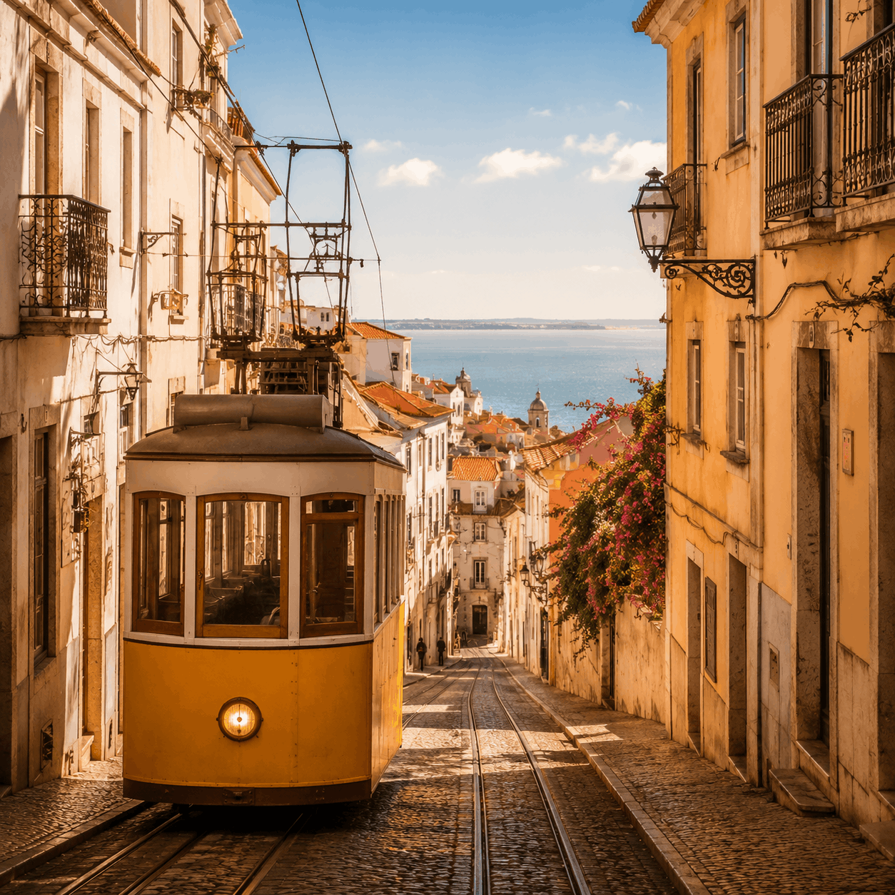 Lisbon tram street leading toward Atlantic village roofs in golden light