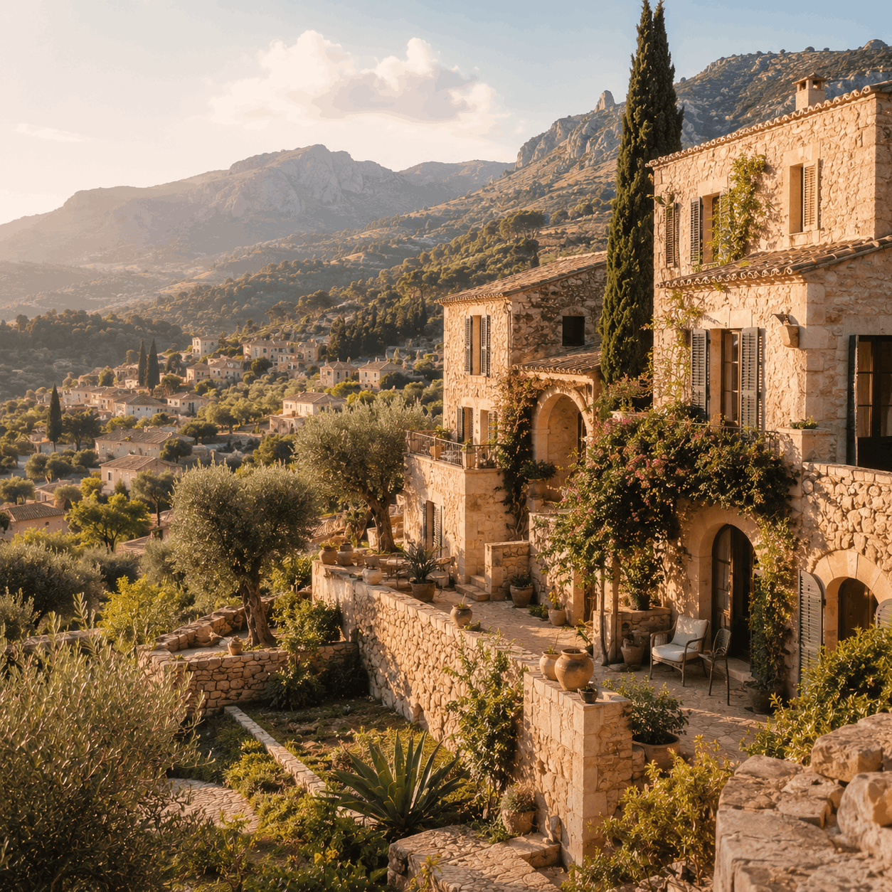 Mallorca stone village with boutique guesthouse, olive groves and golden morning light
