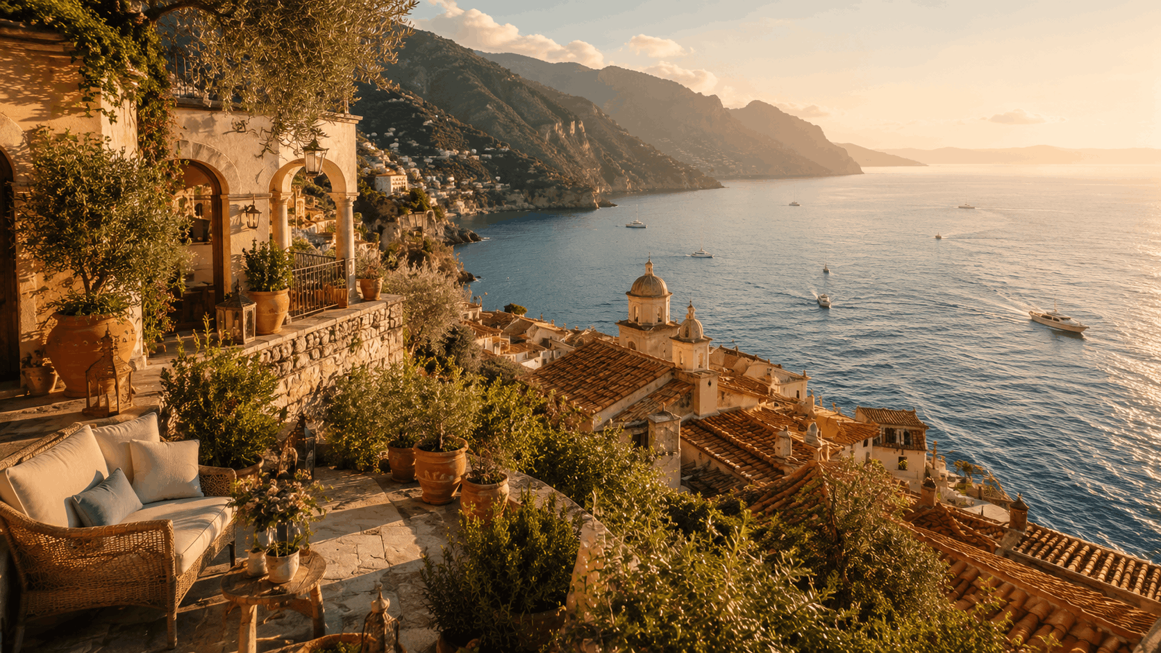 warm Mediterranean coastline with boutique hotel terraces, old town roofs and azure sea
